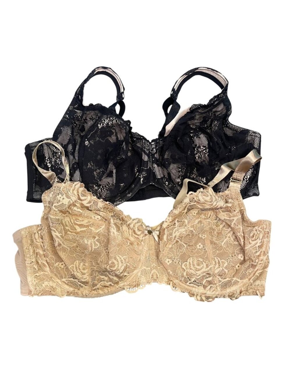 Cacique Pair Unlined Full Coverage Bras Size 44DD Floral Lace Black Nude Tan